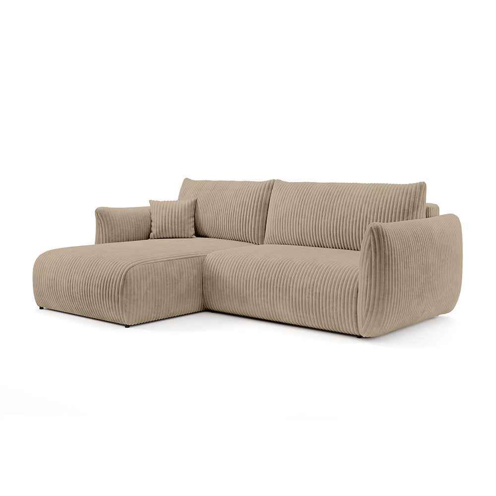 Narożnik z funkcją spania 257 cm w stylu nowoczesnym – automat wspomagający, pojemnik na pościel | ALLORO Lewostronna Oliwkowa Miedź (TILIA 11)