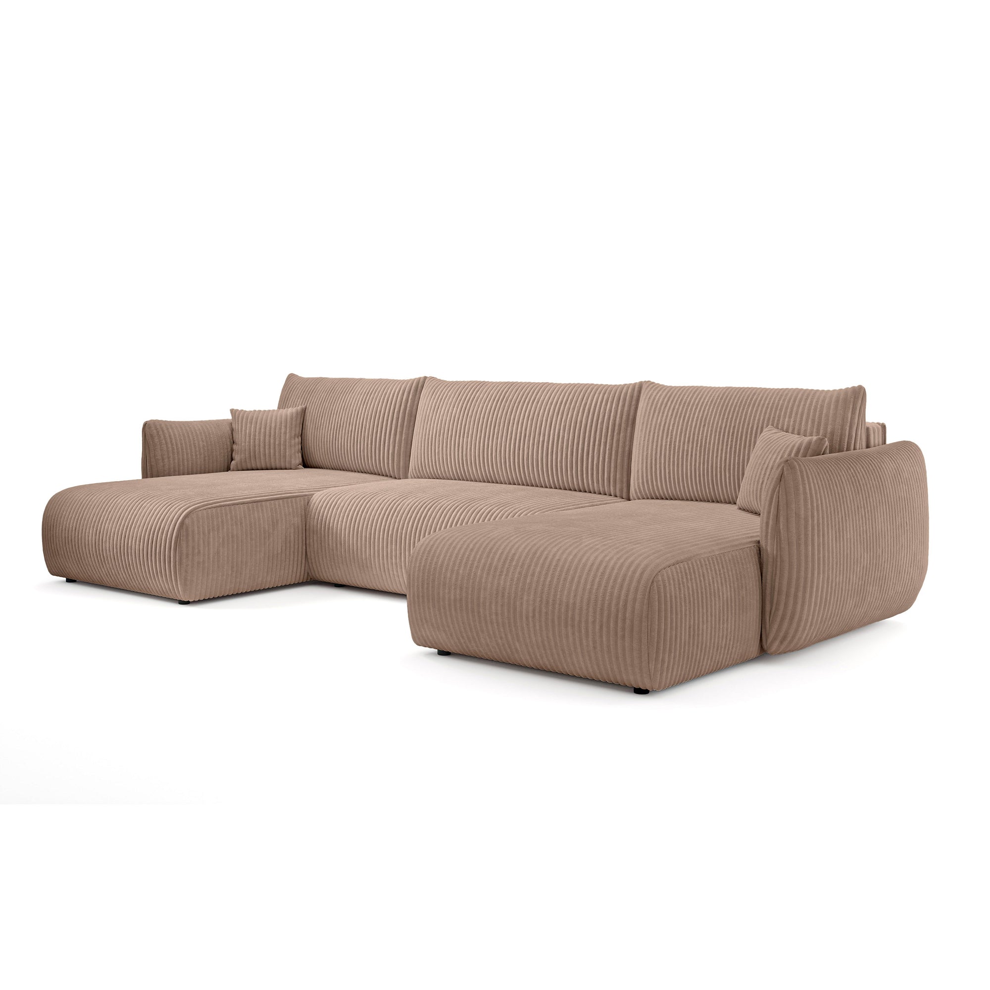 Narożnik U z funkcją spania o powierzchni 145x302 w stylu vintage - tkanina sztruksowa TILIA, zaokrąglona forma, miękkie poduchy | ALLORO Słoneczna Glina (TILIA 17)