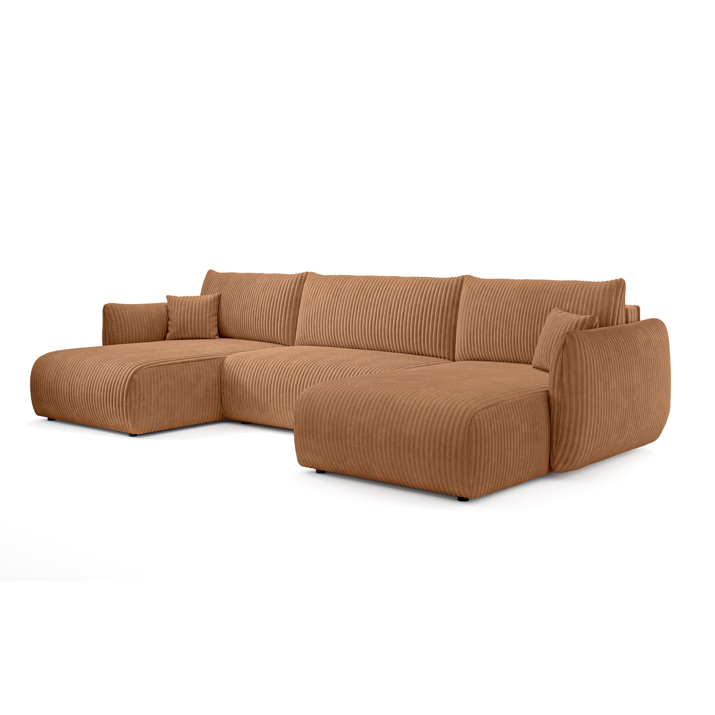 Narożnik U z funkcją spania o powierzchni 145x302 w stylu vintage - tkanina sztruksowa TILIA, zaokrąglona forma, miękkie poduchy | ALLORO Słomiane Zboże (TILIA 56)