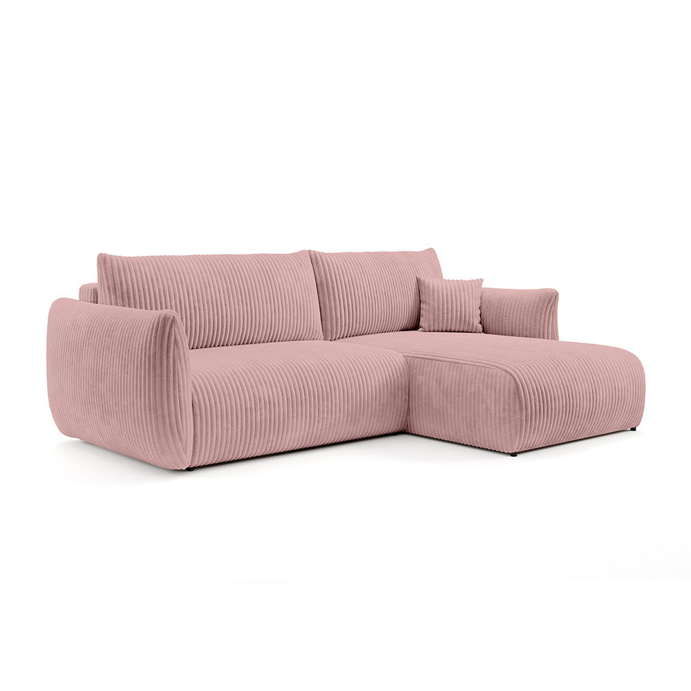 Narożnik z funkcją spania 257 cm w stylu nowoczesnym – automat wspomagający, pojemnik na pościel | ALLORO Prawostronna Porcelanowy Róż (TILIA 62)