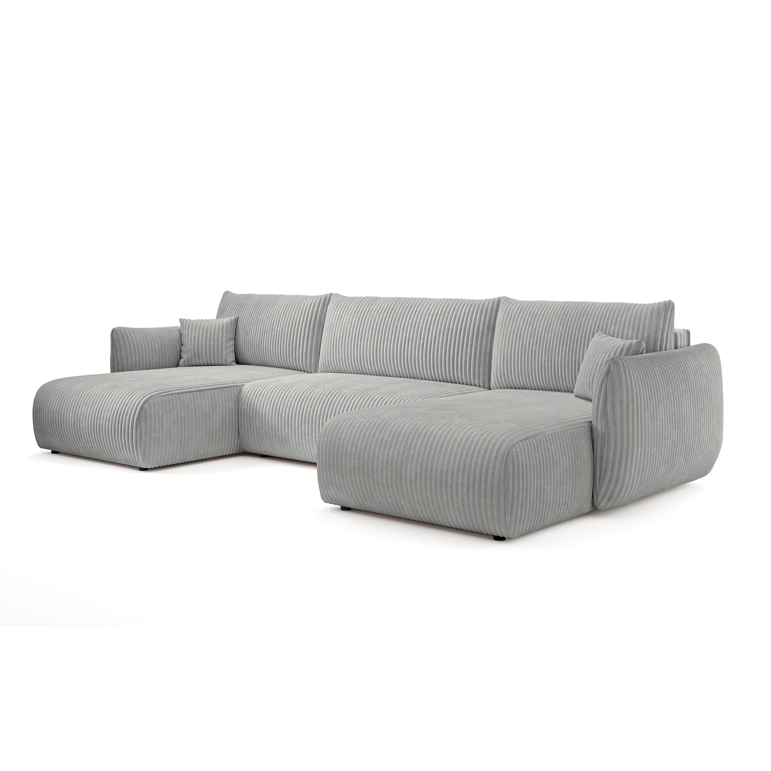 Narożnik U z funkcją spania o powierzchni 145x302 w stylu vintage - tkanina sztruksowa TILIA, zaokrąglona forma, miękkie poduchy | ALLORO Deszczowy Poranek (TILIA 86)