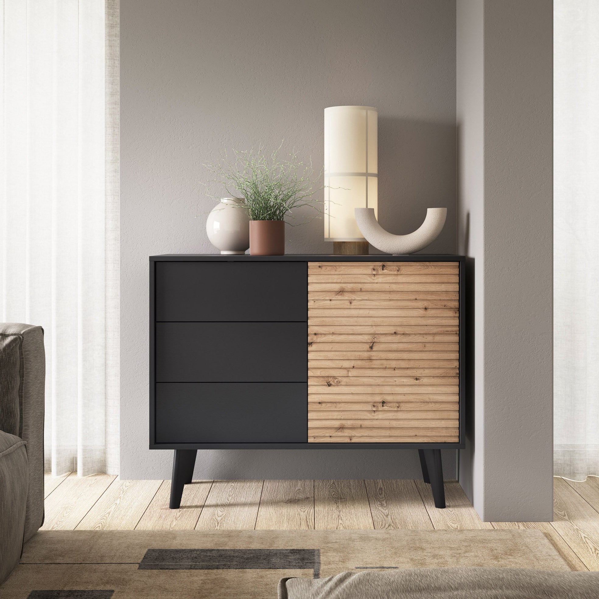 Komoda z szufladami i drzwiami 104x83 w stylu industrialnym - dąb Artisan/czarny, 3 szuflady, wysokie nóżki | Las