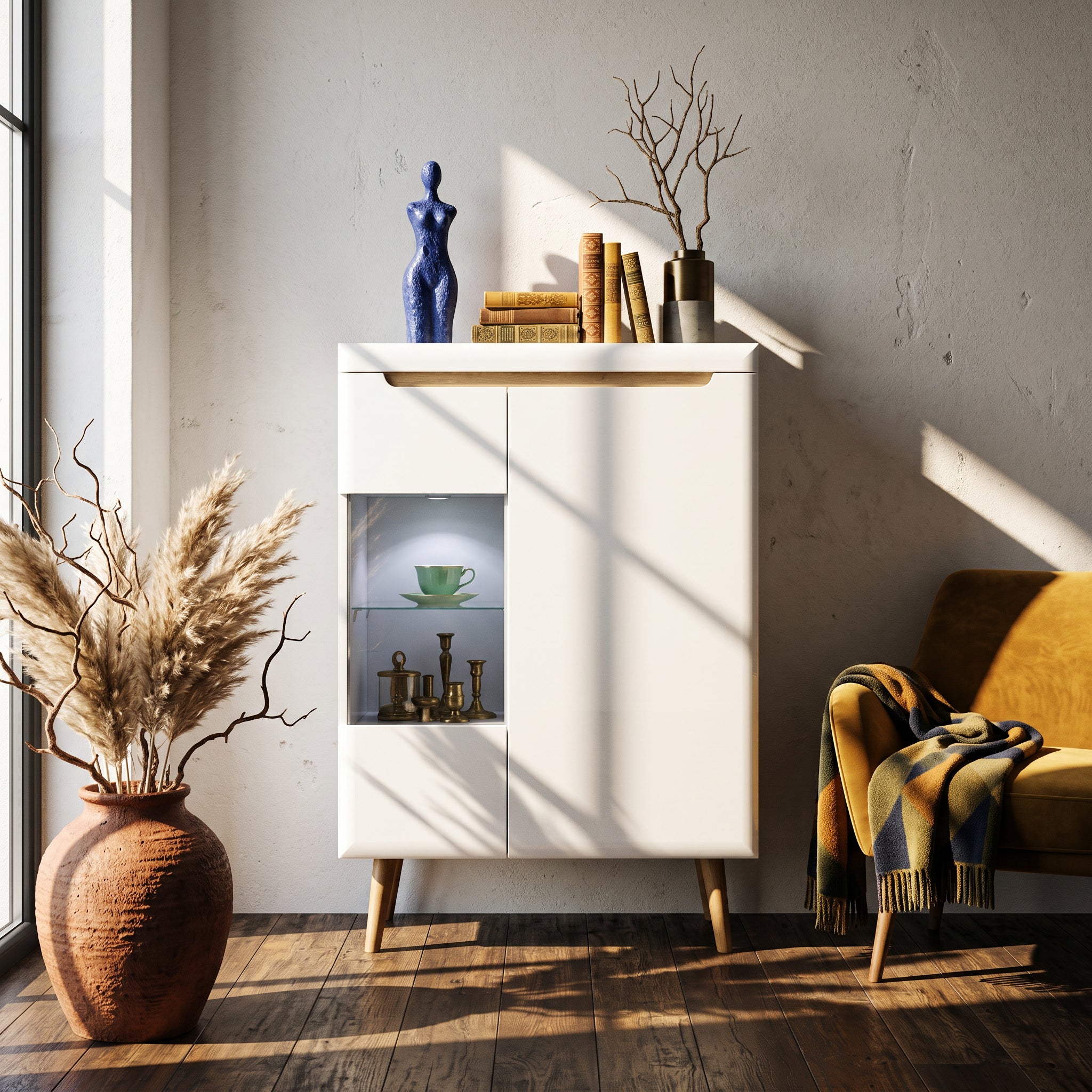 Witryna z przeszklonym frontem 90x134 cm w stylu skandynawskim | Trava