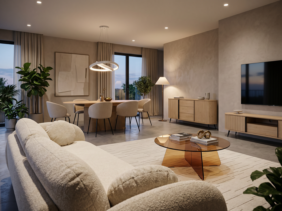 Jasny, nowoczesny salon z kremową sofą Olemo, szklanym stolikiem Aria Glass, drewnianymi meblami Llovia, stołem Llovia z beżowymi krzesłami Delmo oraz lampą wiszącą Rinoria
