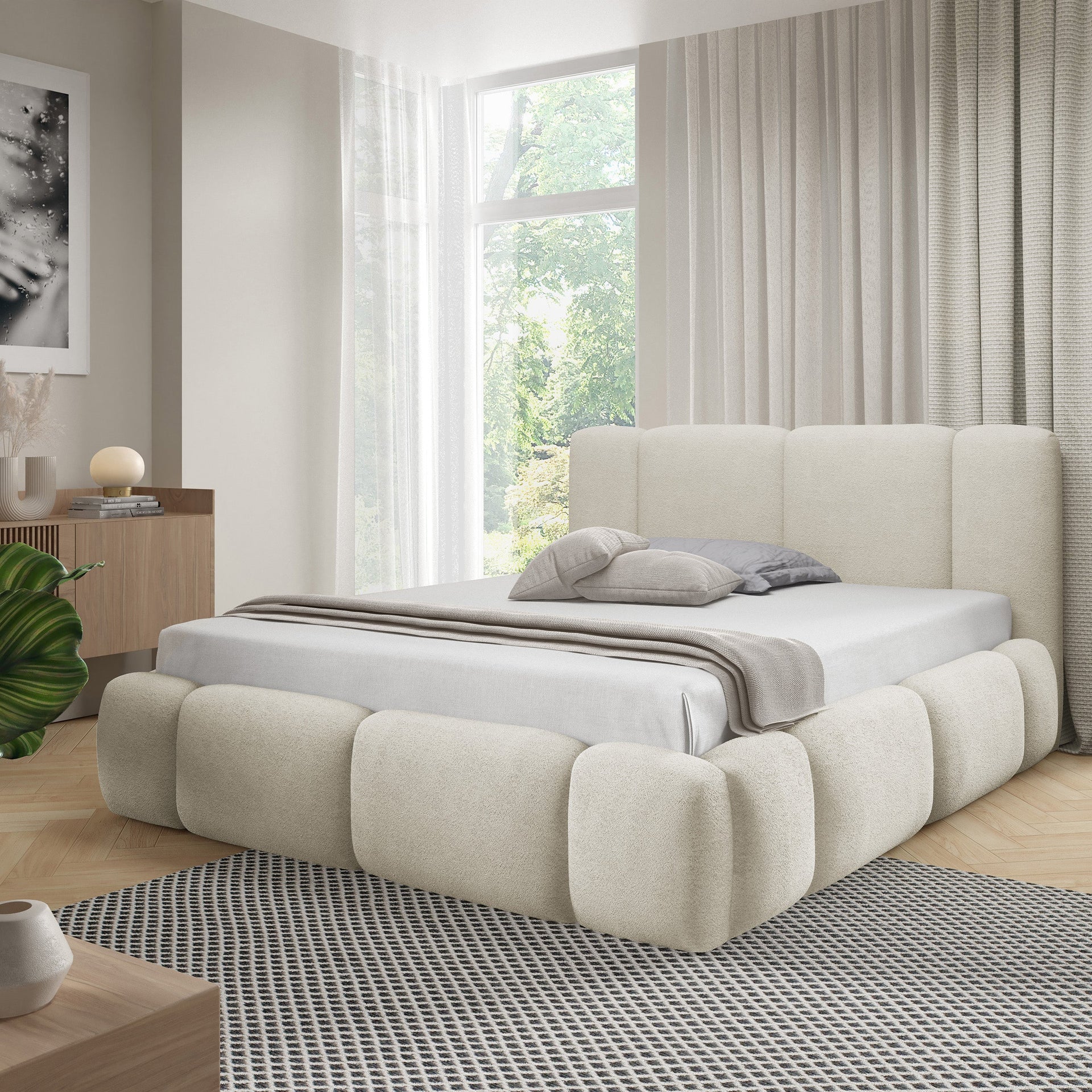 Łóżko tapicerowane z pojemnikiem w różnych rozmiarach w stylu japandi - LED, zagłówek segmentowy | Neria