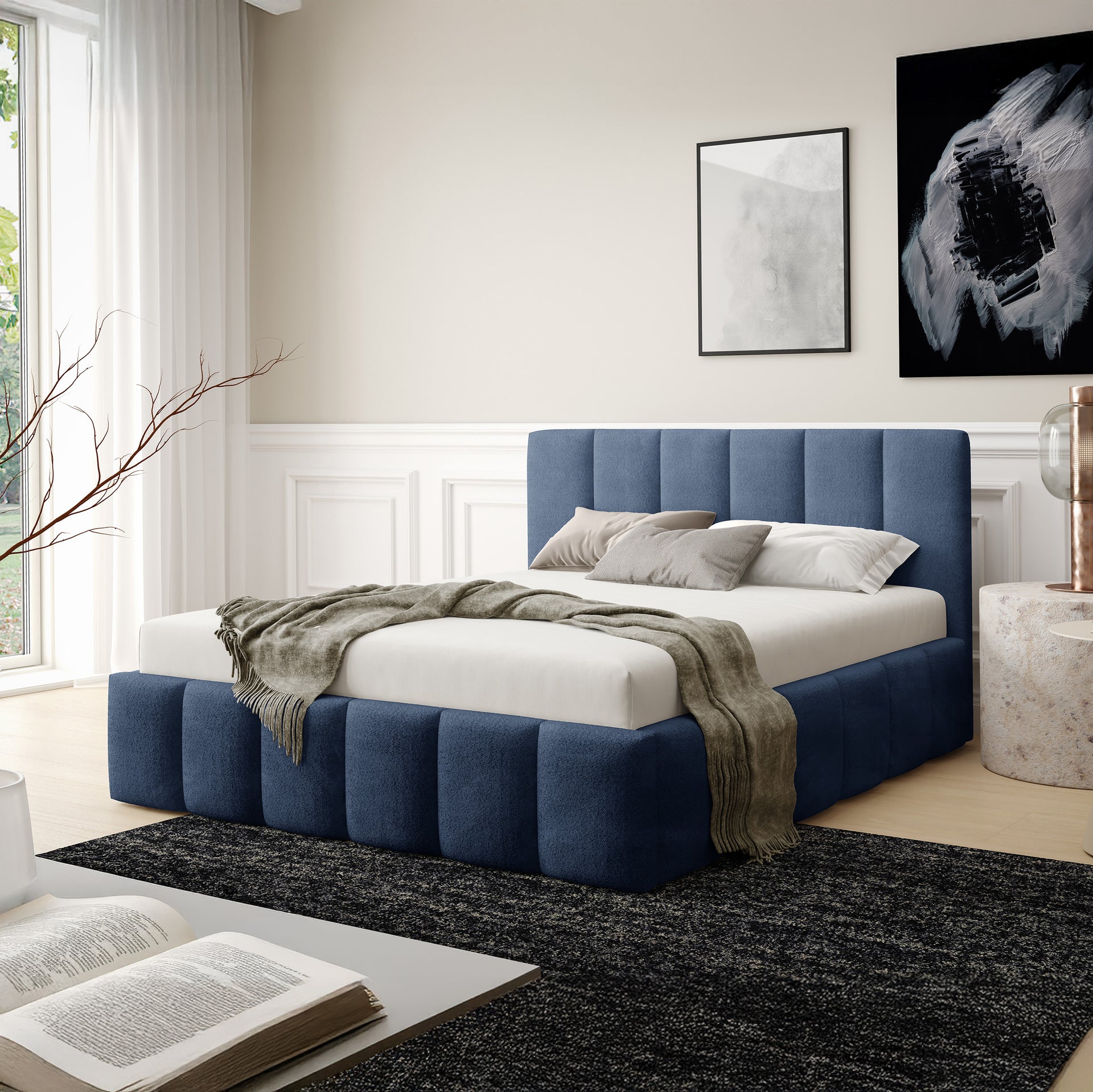 Łóżko tapicerowane pikowane z pojemnikiem w różnych rozmiarach w stylu eleganckim - tkanina Coral, pionowe przeszycia | Nerom