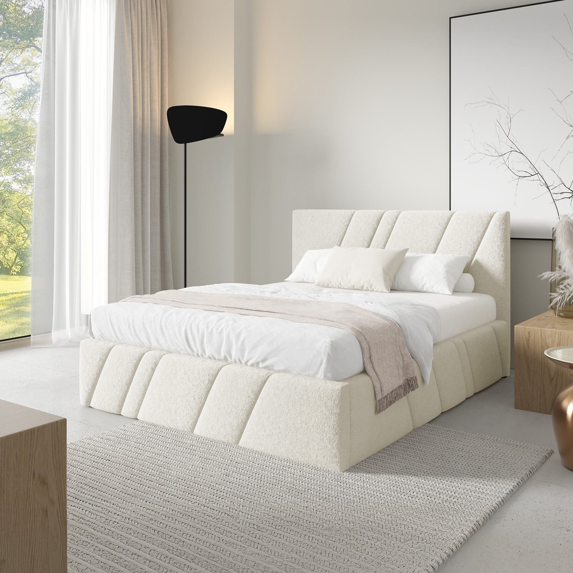 Łóżko tapicerowane pikowane z pojemnikiem w różnych rozmiarach w stylu nowoczesnym - tkanina Lambi, dekoracyjne przeszycia | Raiz