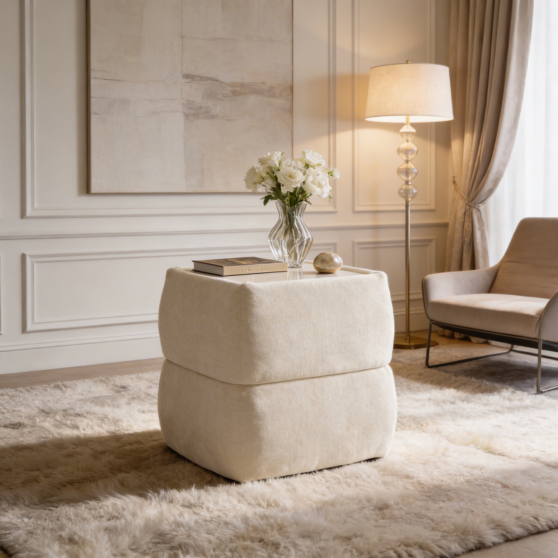 Stolik nocny 47x53 bez szuflad w stylu minimalistycznym - tapicerowany, szklany blat, LED | PUFFRA