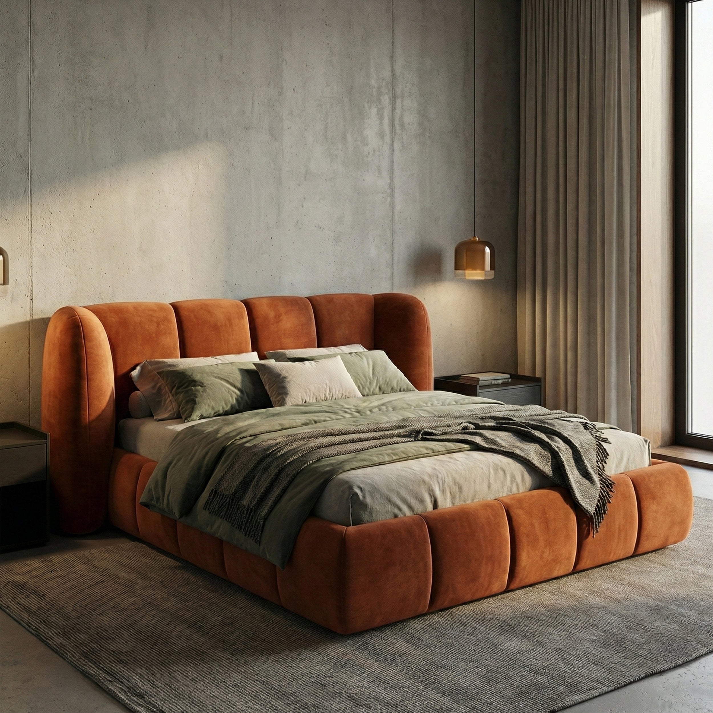 Łóżko tapicerowane pikowane z pojemnikiem w stylu soft modern | Ventara