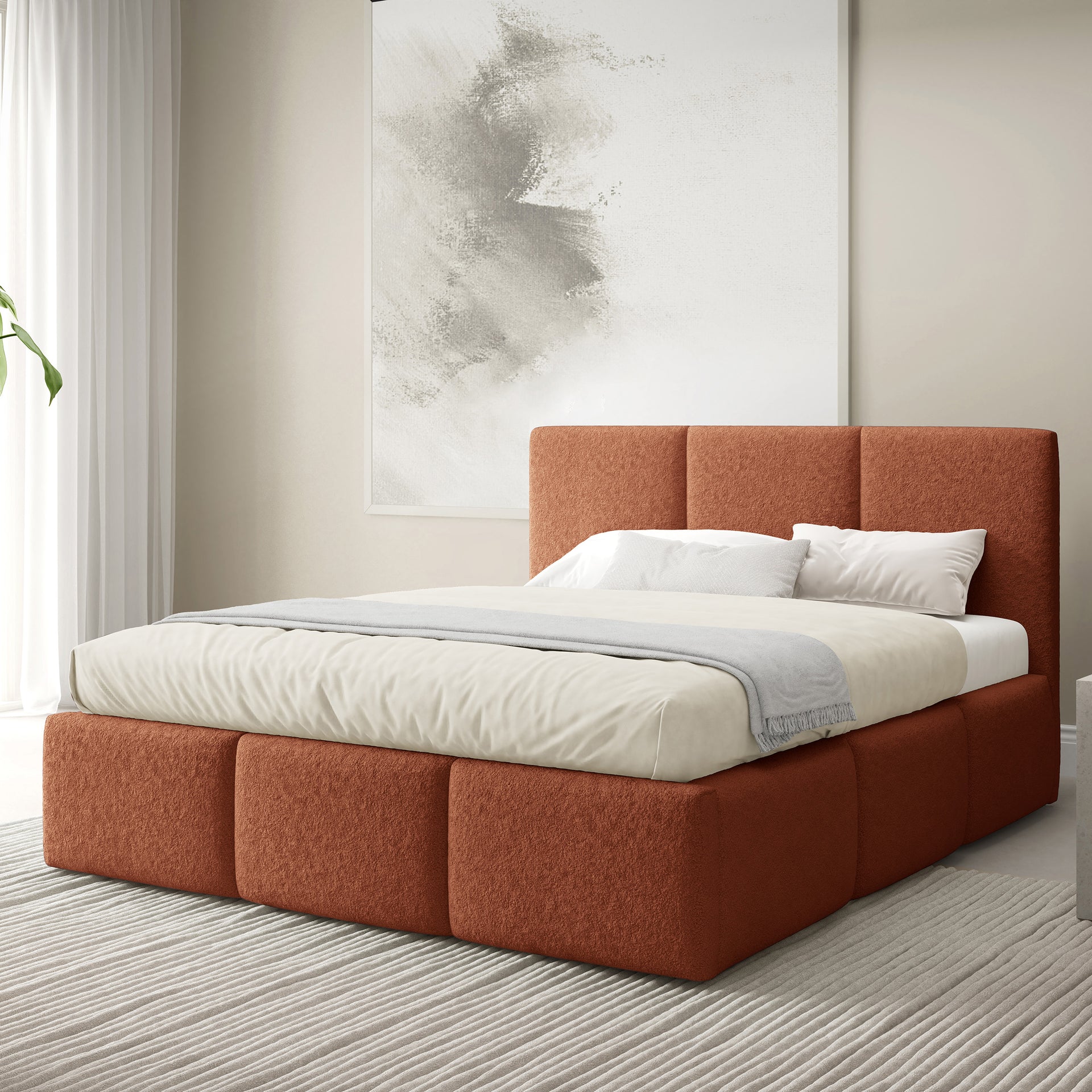 Łóżko tapicerowane z pojemnikiem w różnych rozmiarach w stylu nowoczesnym - tkanina Lambi, pionowe pikowania, podnoszony stelaż | Melora