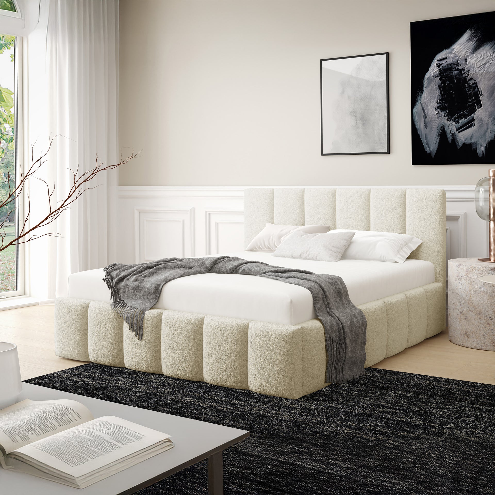 Łóżko tapicerowane pikowane z pojemnikiem w różnych rozmiarach w stylu eleganckim - tkanina Lambi, pionowe przeszycia | Nerom