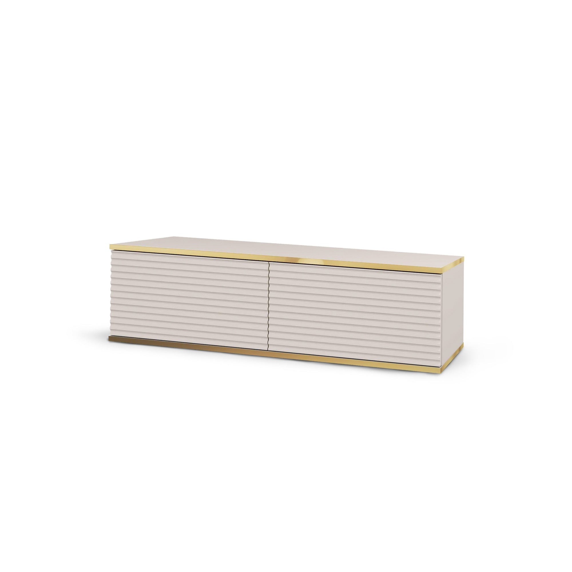 Szafka RTV 135x30 w stylu nowoczesnym - ryflowany front MDF, złote akcenty | Meva