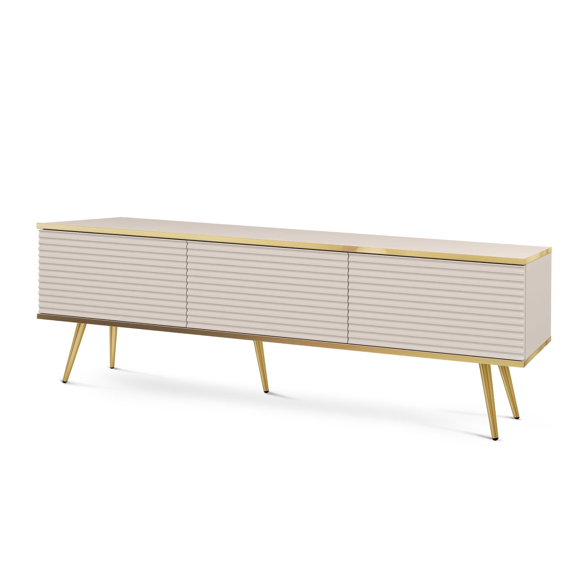 Szafka RTV 175x30 ze złotymi akcentami - ryflowany front MDF, system push-to-open | Meva Beżowy Złota
