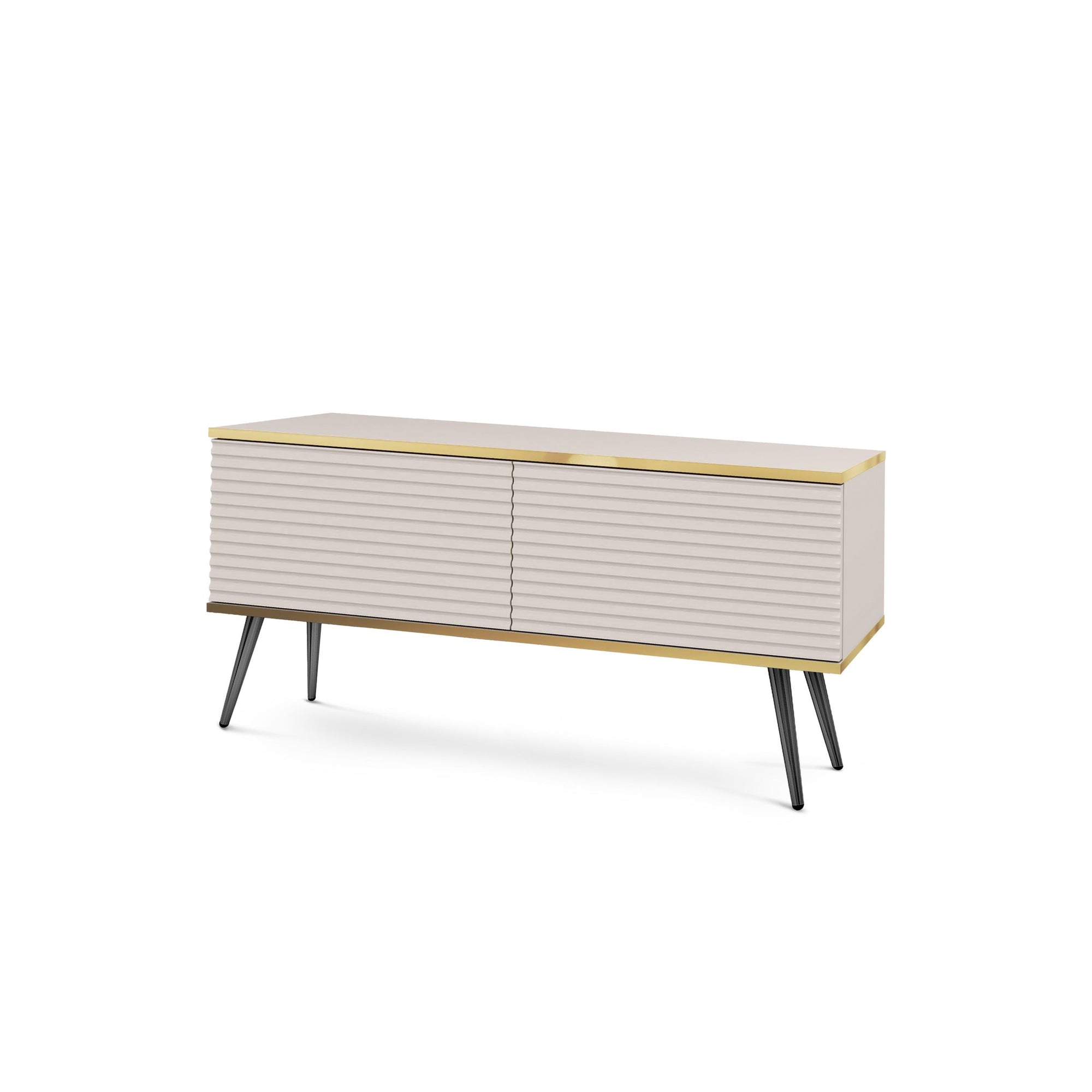 Szafka RTV 135x30 w stylu nowoczesnym - ryflowany front MDF, złote akcenty | Meva Beżowy Czarny