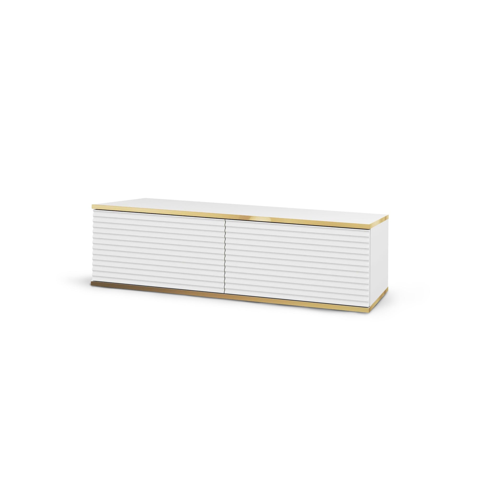 Szafka RTV 135x30 w stylu nowoczesnym - ryflowany front MDF, złote akcenty | Meva
