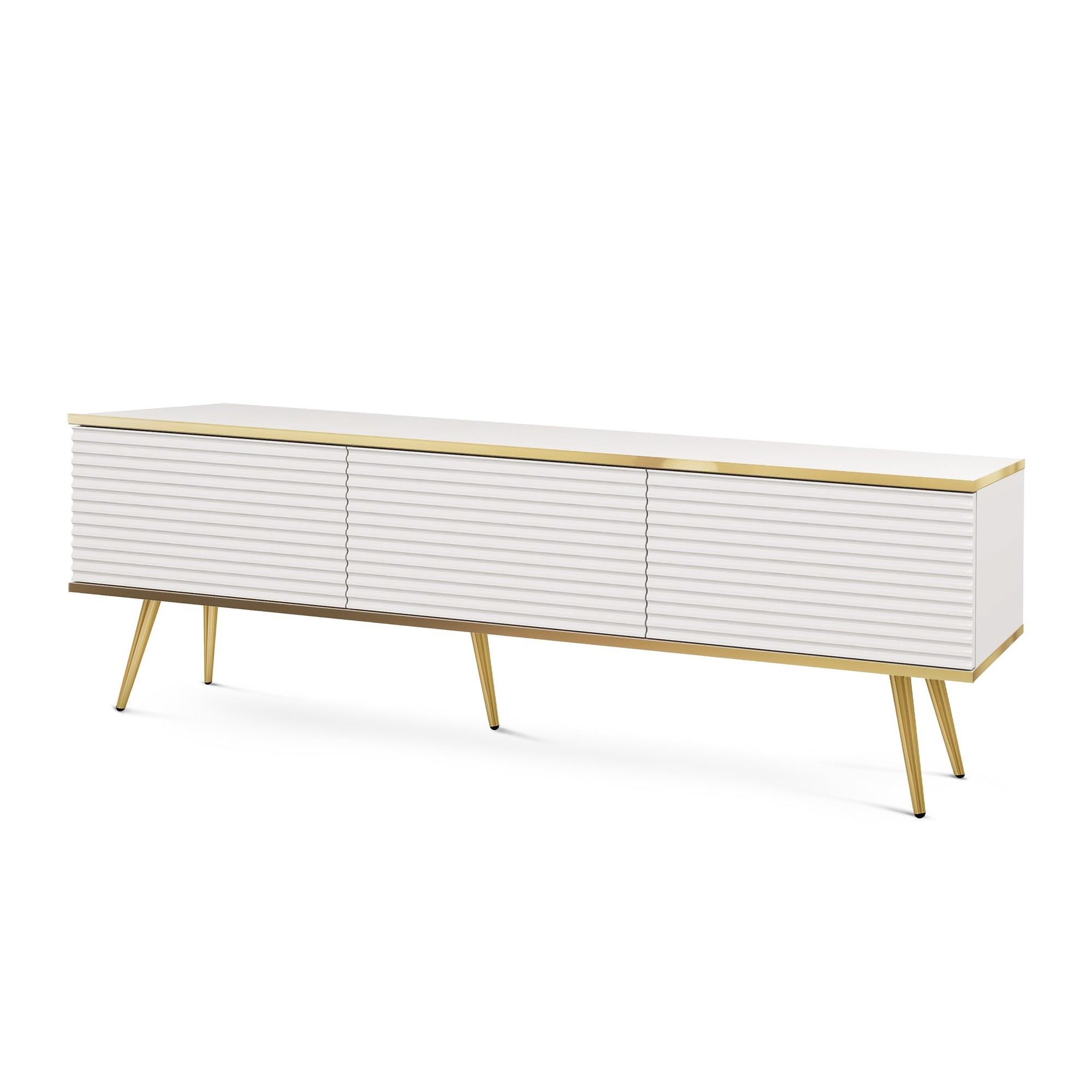 Szafka RTV 175x30 ze złotymi akcentami - ryflowany front MDF, system push-to-open | Meva Biały Złota