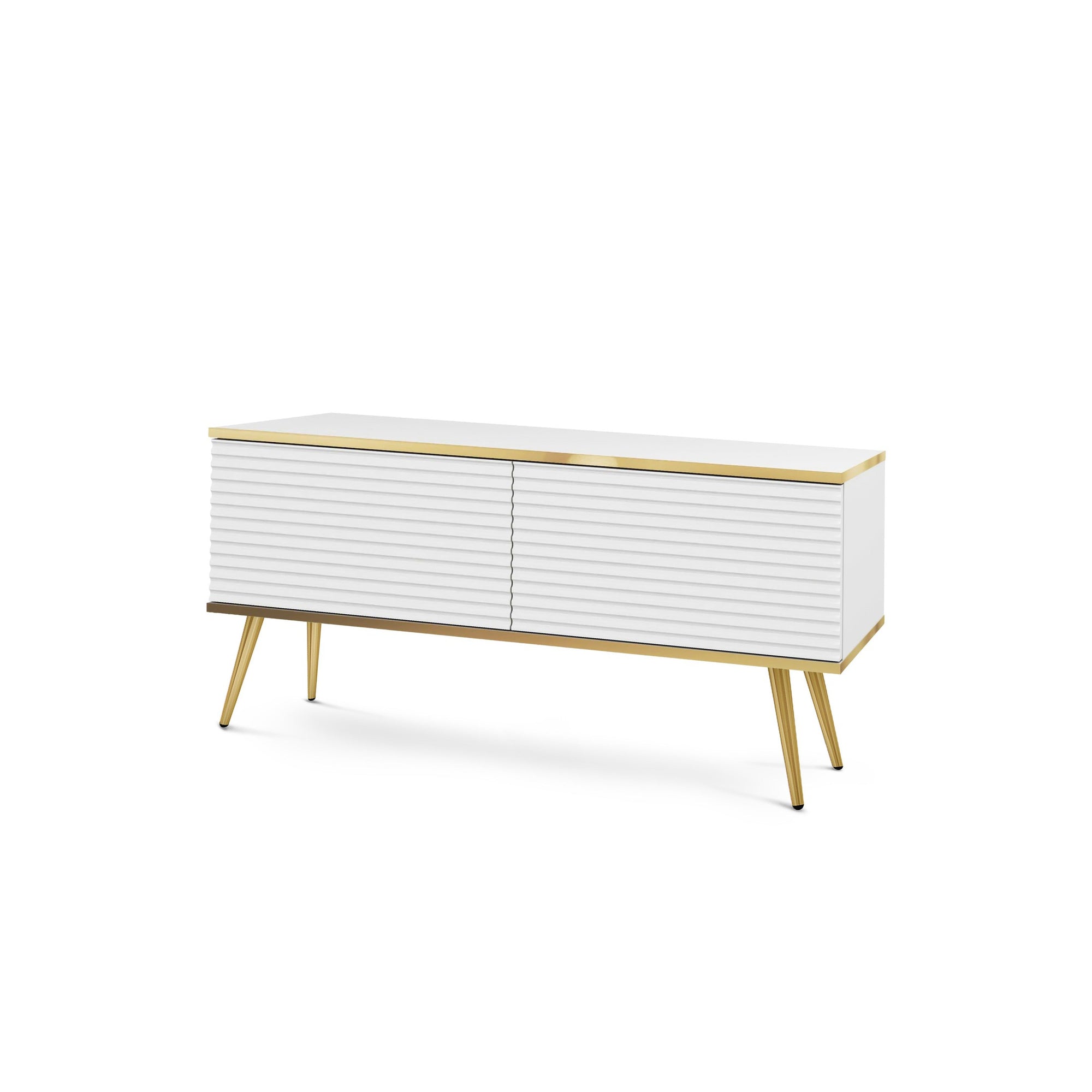 Szafka RTV 135x30 w stylu nowoczesnym - ryflowany front MDF, złote akcenty | Meva Biały Złota