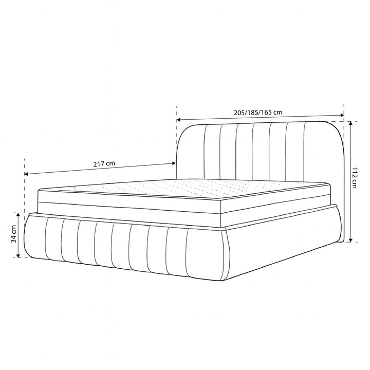 Łóżko tapicerowane z pojemnikiem w stylu soft minimalism – zaokrąglone krawędzie, pionowe przeszycia | Carla