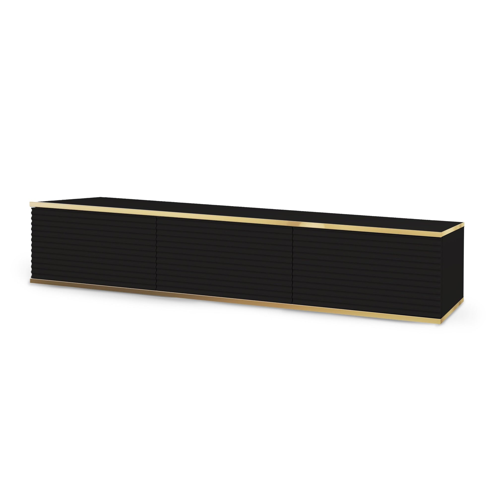 Szafka RTV 175x30 ze złotymi akcentami - ryflowany front MDF, system push-to-open | Meva