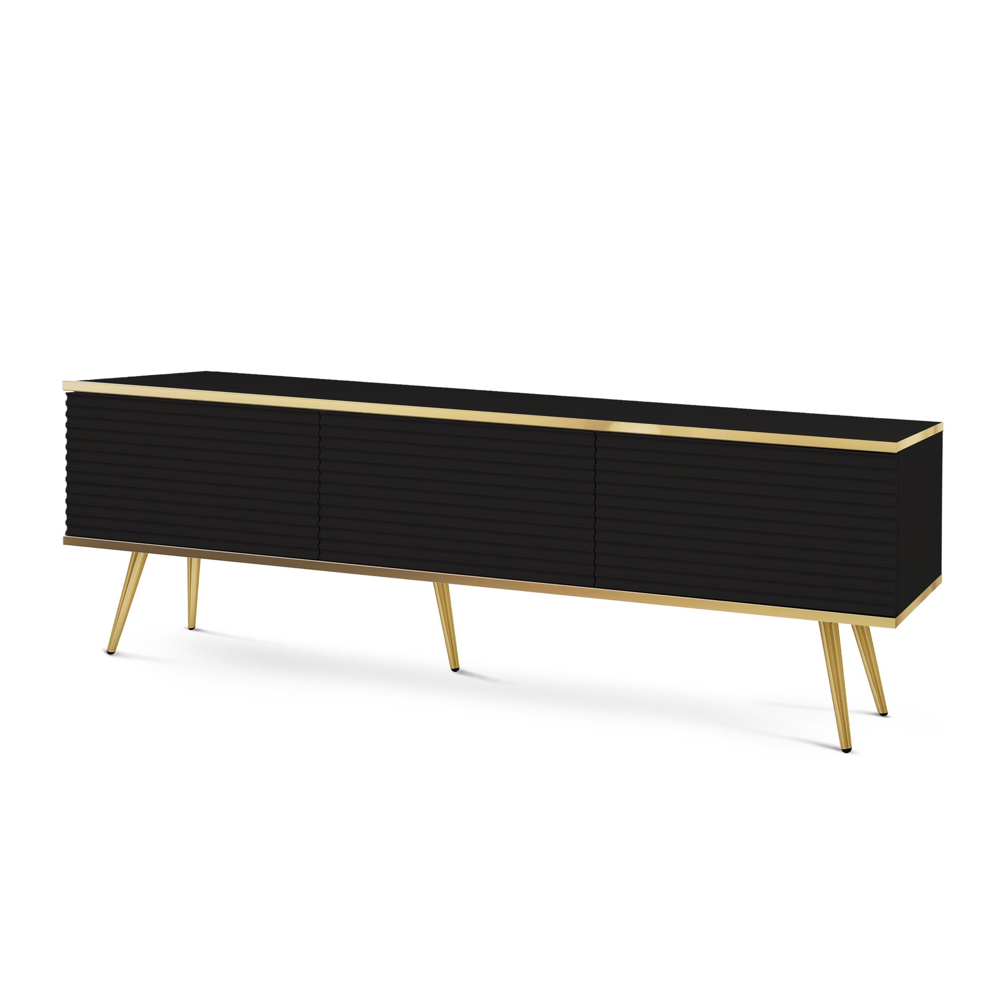 Szafka RTV 175x30 ze złotymi akcentami - ryflowany front MDF, system push-to-open | Meva Czarny Złota
