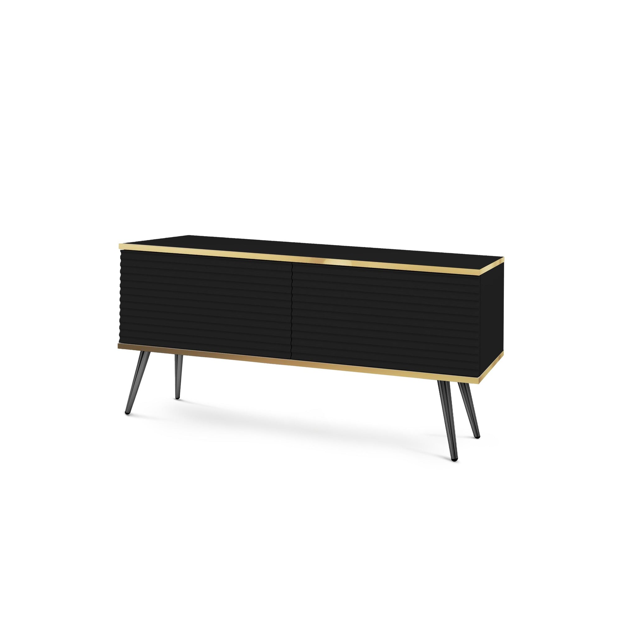 Szafka RTV 135x30 w stylu nowoczesnym - ryflowany front MDF, złote akcenty | Meva Czarny Czarny