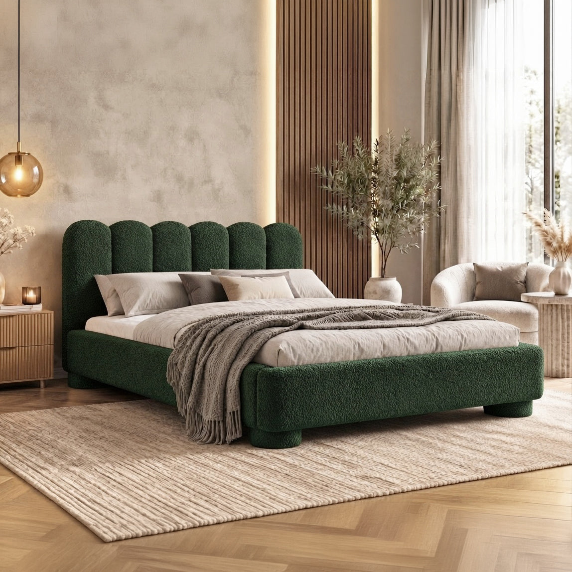 Łóżko tapicerowane Lattri 120x200–200x200 z pojemnikiem w stylu modern organic, tkanina Coral – w aranżacji wnętrza | Pillovely