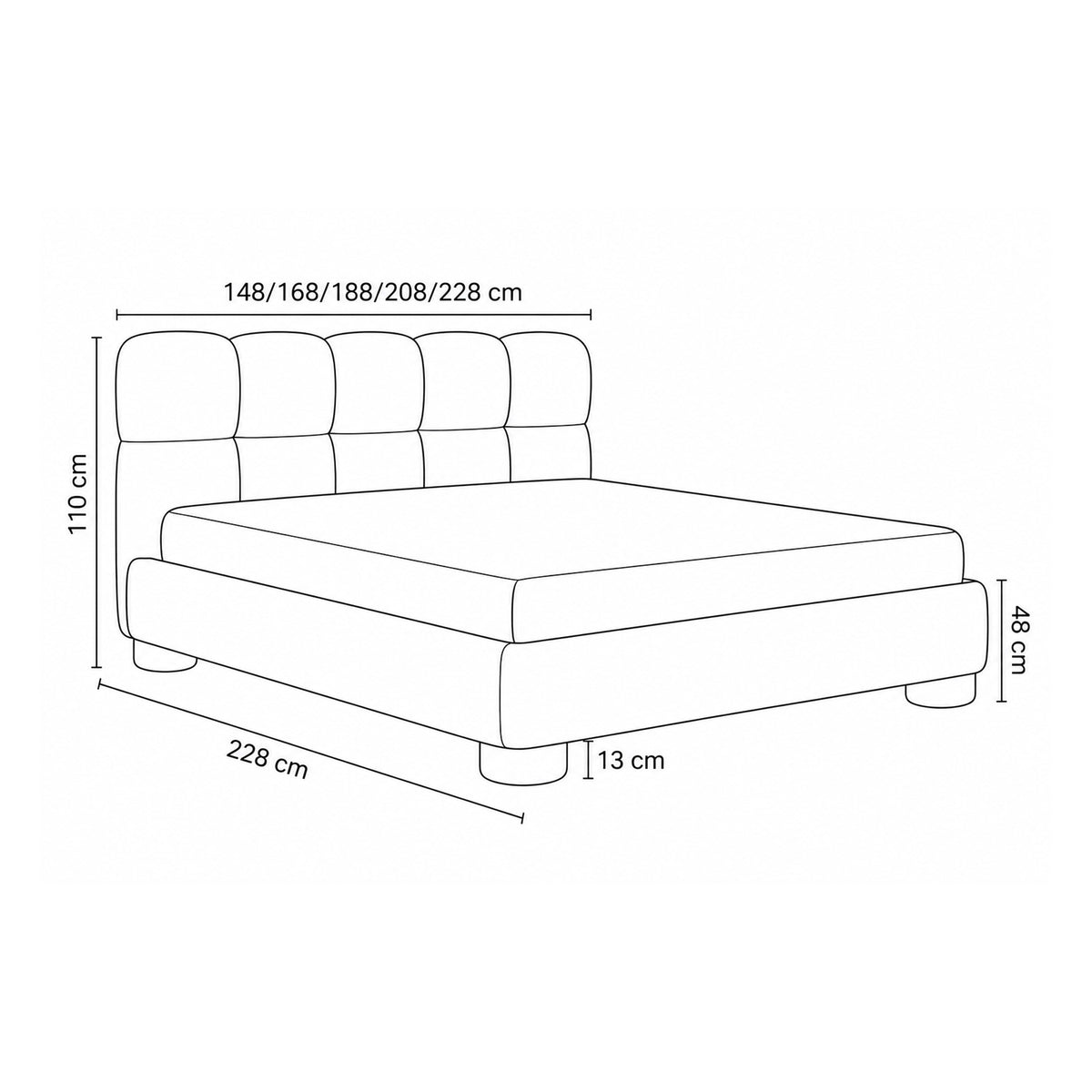 Łóżko tapicerowane Lattro 120x200–200x200 z pojemnikiem w stylu modern organic, tkanina Coral – rysunek wymiarowy | Pillovely