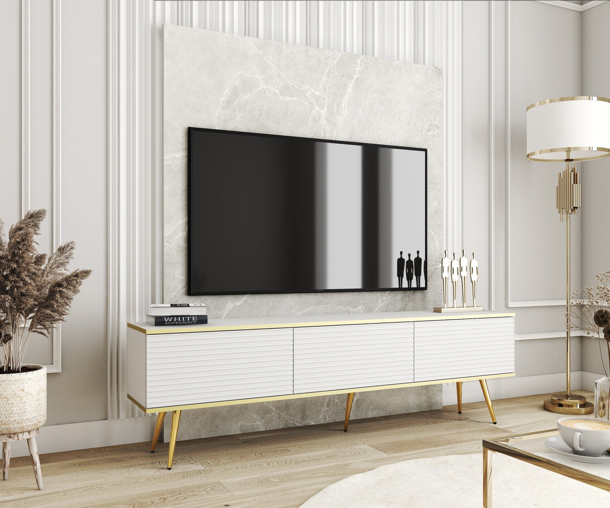 Szafka RTV 175x30 ze złotymi akcentami - ryflowany front MDF, system push-to-open | Meva