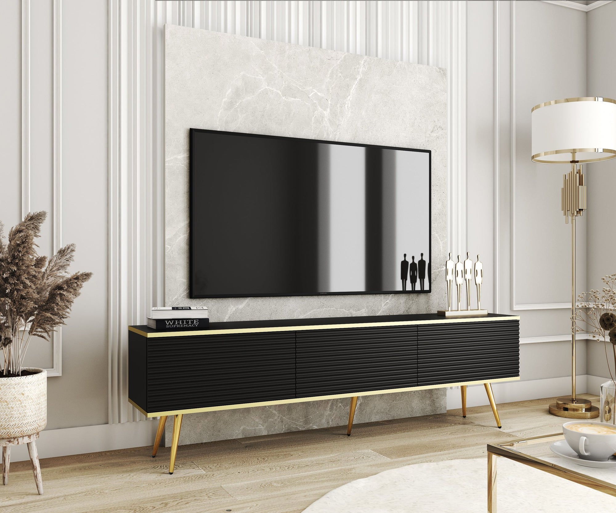 Szafka RTV 175x30 ze złotymi akcentami - ryflowany front MDF, system push-to-open | Meva