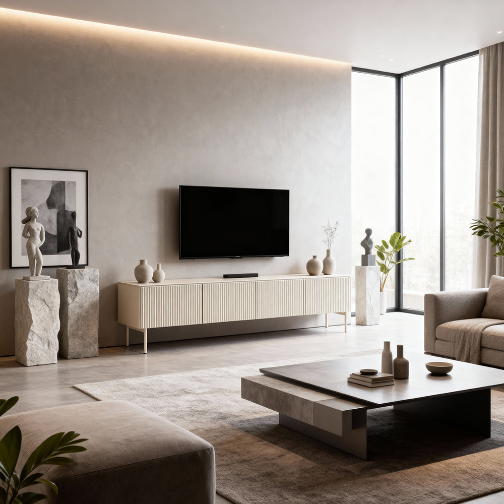 Szafka RTV 195x51 w stylu nowoczesnym - kaszmir, ryflowane fronty MDF, cztery drzwi | MuzZI