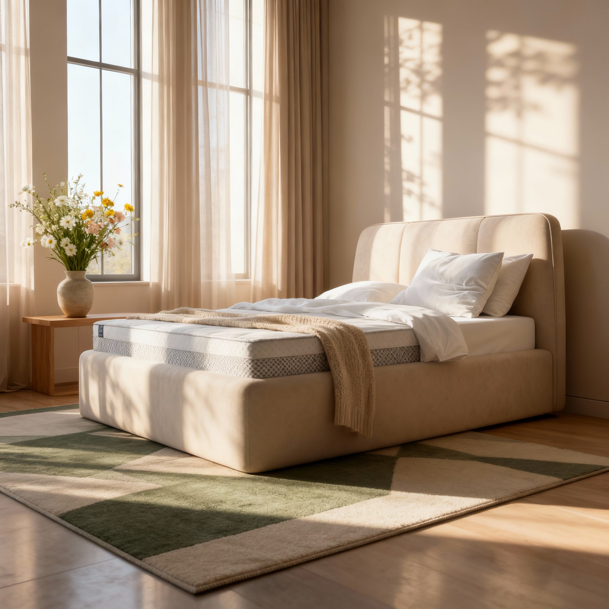 Łóżko tapicerowane z dużym pojemnikiem w stylu soft minimalism – zaokrąglone wezgłowie, dekoracyjne przeszycia | Elle