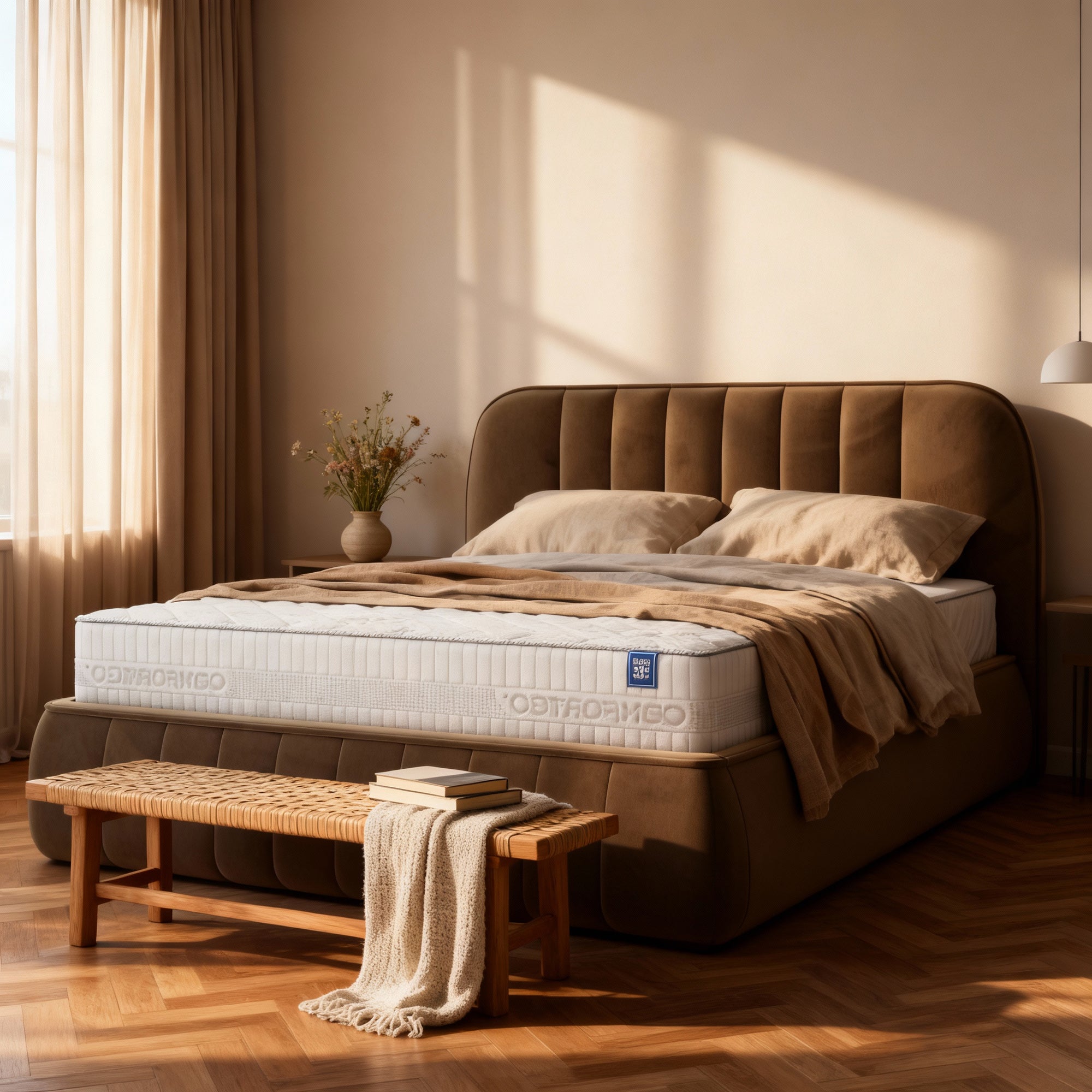 Łóżko tapicerowane z pojemnikiem w stylu soft minimalism – zaokrąglone krawędzie, pionowe przeszycia | Carla
