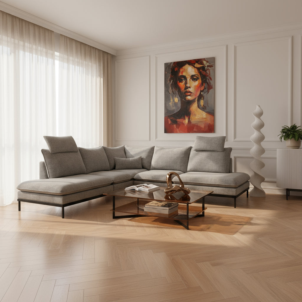 Narożnik Premium 4-osobowy 293×198 cm w stylu eleganckim – Tkanina Cremona, pianka PU, miękkie poduchy | Leafy