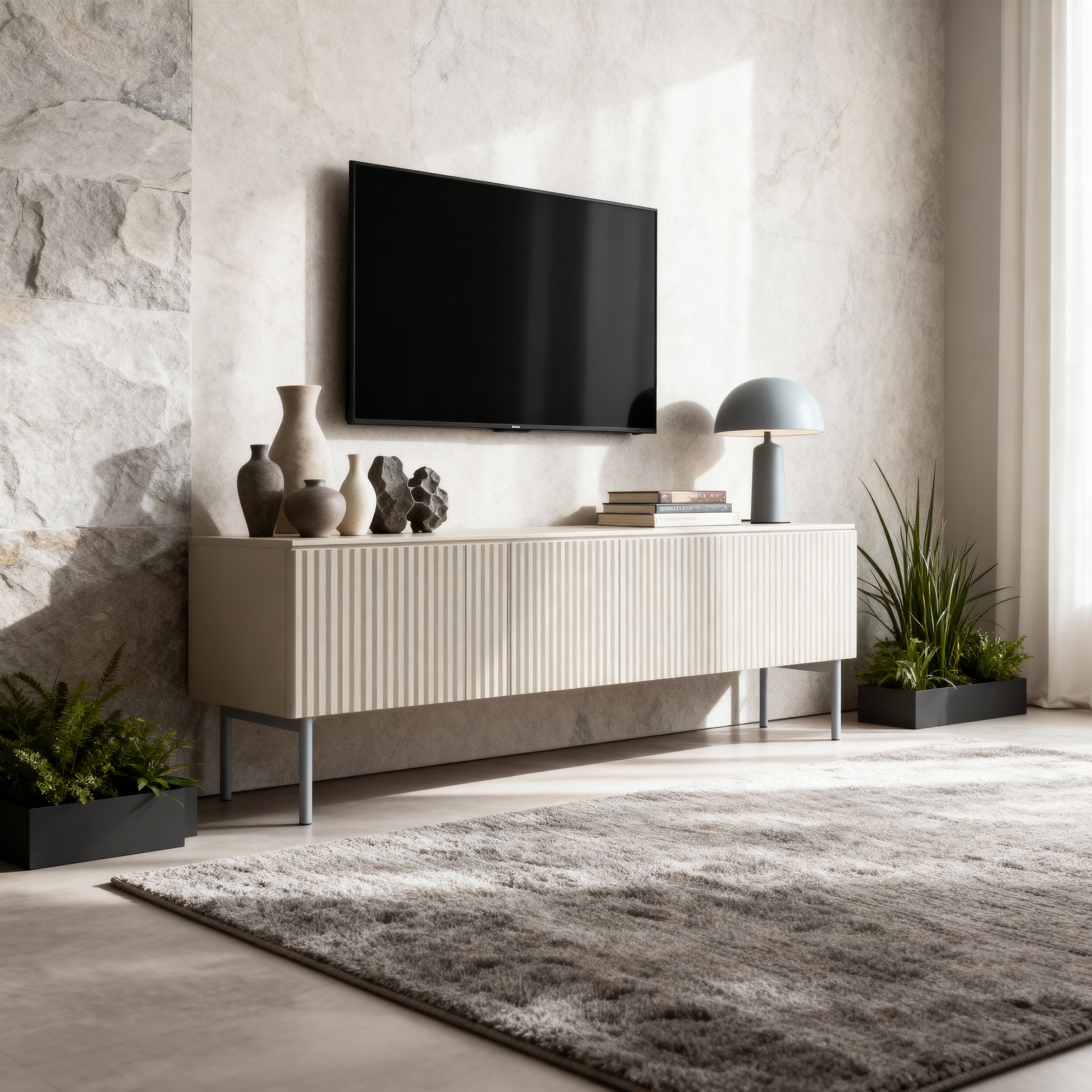 Szafka RTV 147x51 w stylu nowoczesnym - kaszmir, ryflowane fronty MDF, system push-to-open | MuzZI