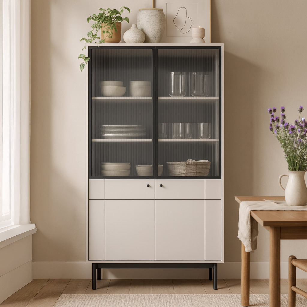 Witryna przeszklona 104x185 cm w stylu japandi – ryflowane szkło, cichy domyk Häfele, dąb Linea | Sabi