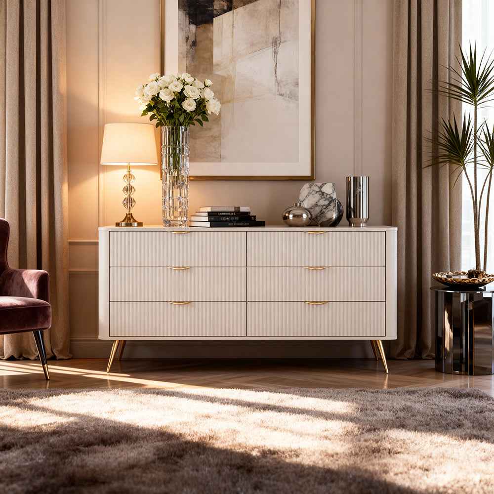 Komoda 163x81 z 6 szufladami w stylu eleganckim - ryflowane fronty, metalowe uchwyty | Laanti