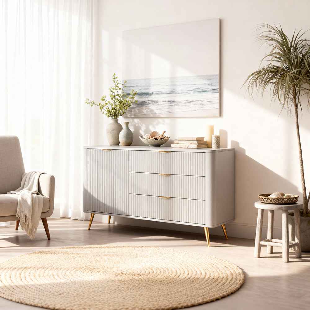 Komoda 138x81 z szufladami i drzwiami w stylu eleganckim - ryflowane fronty, metalowe nogi, 3 szuflady | Laanti