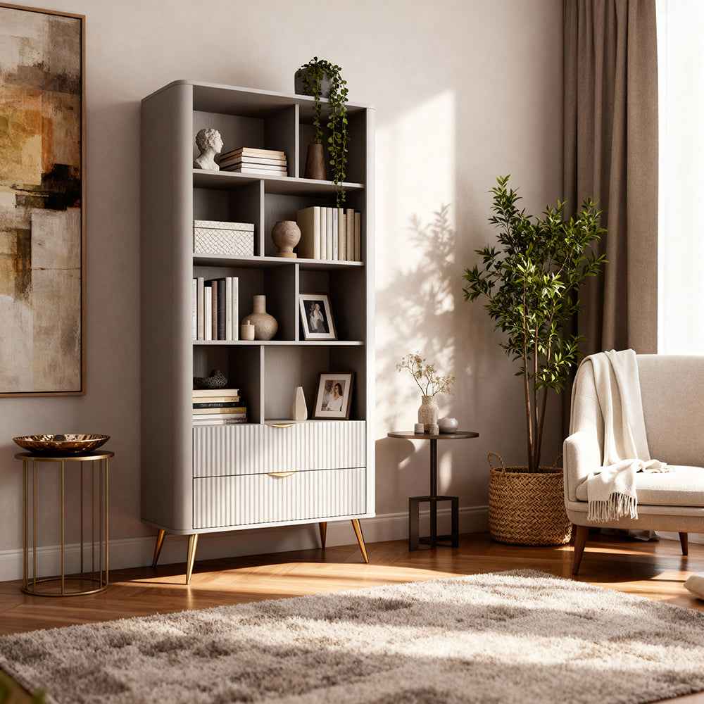Regał 88x194 z półkami w stylu eleganckim - zaoblone krawędzie, metalowe uchwyty | Laanti