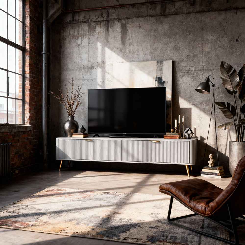 Szafka RTV 200x51 w stylu nowoczesnym - MDF, zaoblone krawędzie, złote akcenty | Laanti