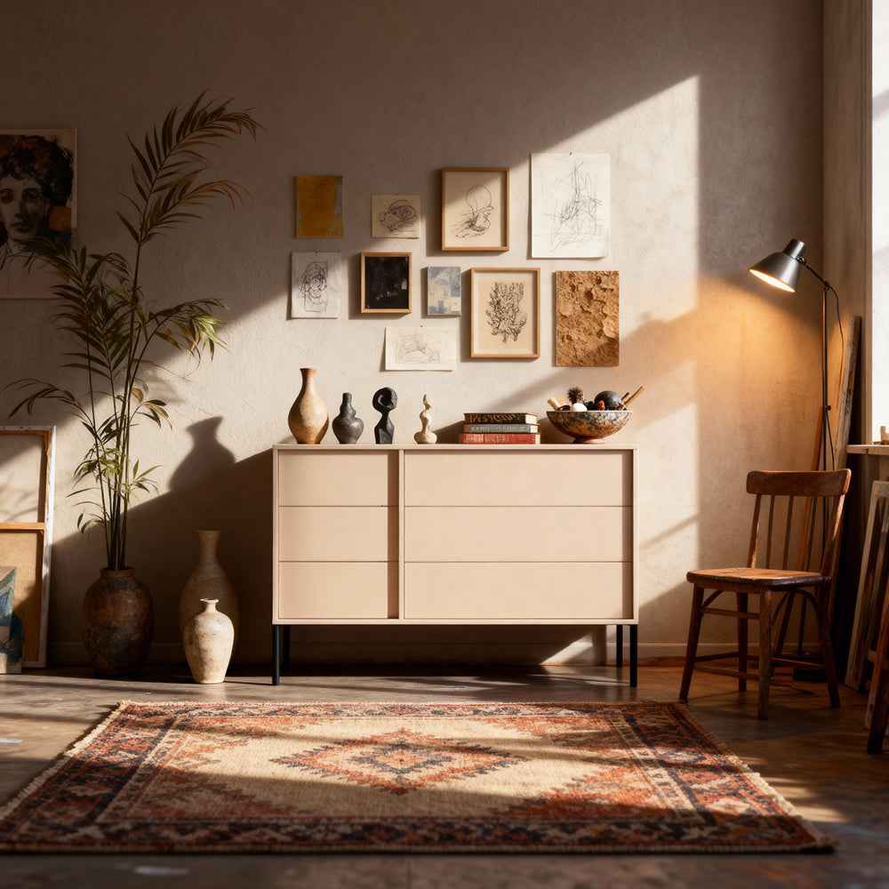 Komoda 137x81 z 6 szufladami w stylu minimalistycznym - bezuchwytowe fronty, opcjonalny LED | Dust