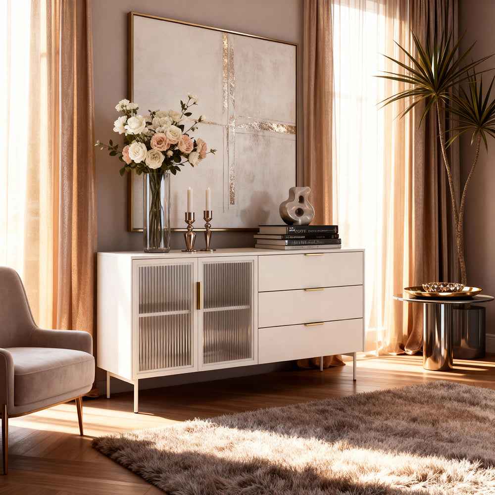 Komoda z drzwiami i szufladami 181x83 w stylu nowoczesnym - szkło hartowane, LED, 3 szuflady | Lummer