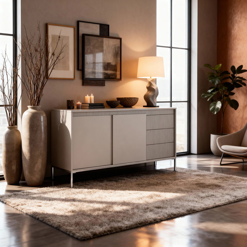 Komoda z drzwiami i szufladami 154x81 w stylu japandi - beż, push-to-open, 3 szuflady | Senra