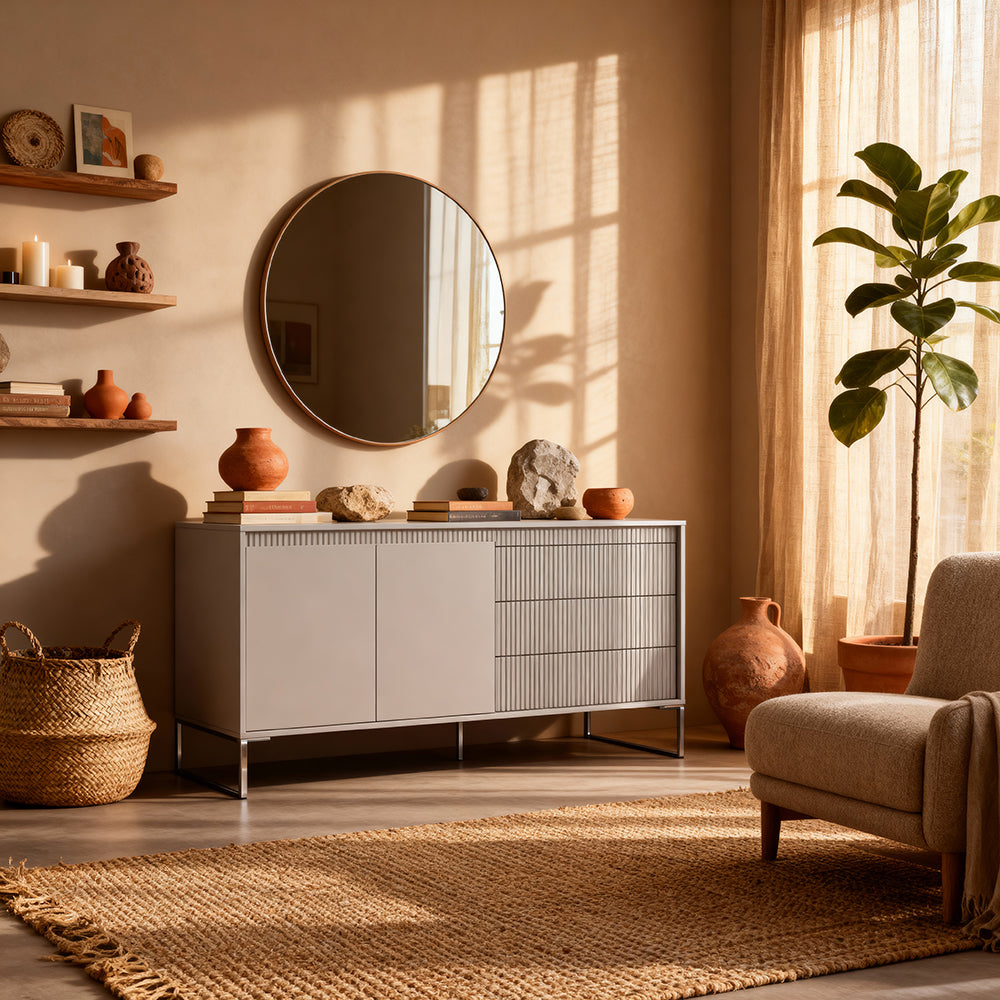 Komoda z drzwiami i szufladami 187x81 w stylu japandi - beż, push-to-open, 3 szuflady | Senra