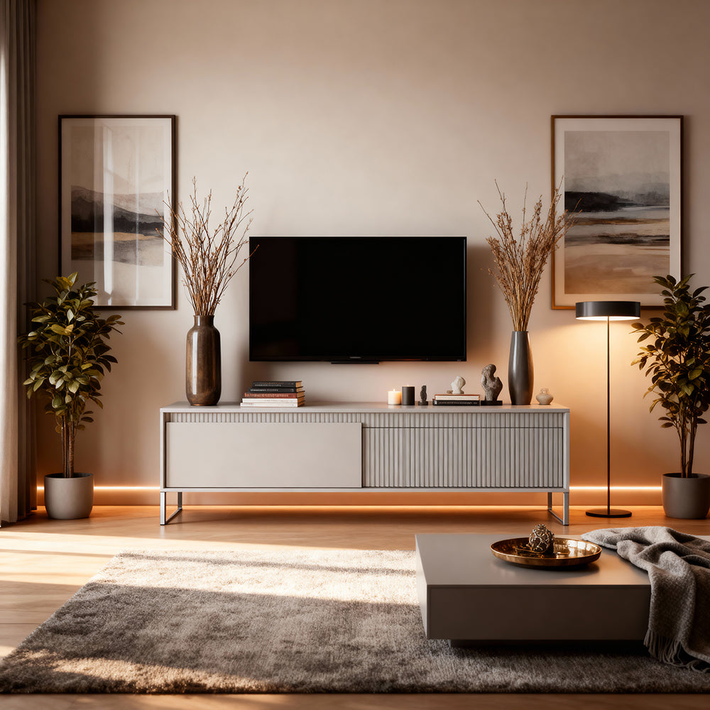 Szafka RTV 154x53 w stylu japandi - beż, ryflowane fronty MDF, metalowe nogi, push-to-open | Senra