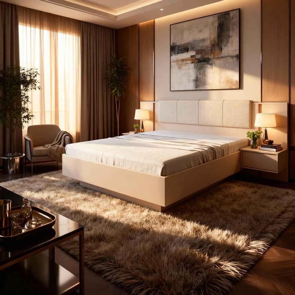 Łóżko tapicerowane z pojemnikiem w stylu glamour – zintegrowane stoliki nocne | Dust