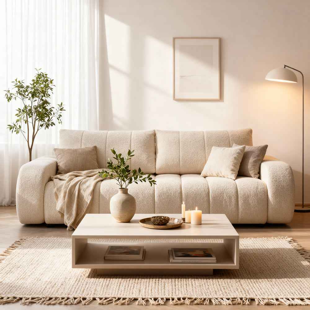 Sofa 3-osobowa z funkcją spania 144x200 w stylu skandynawskim – zaoblona forma, pojemnik, system DL | BALOA