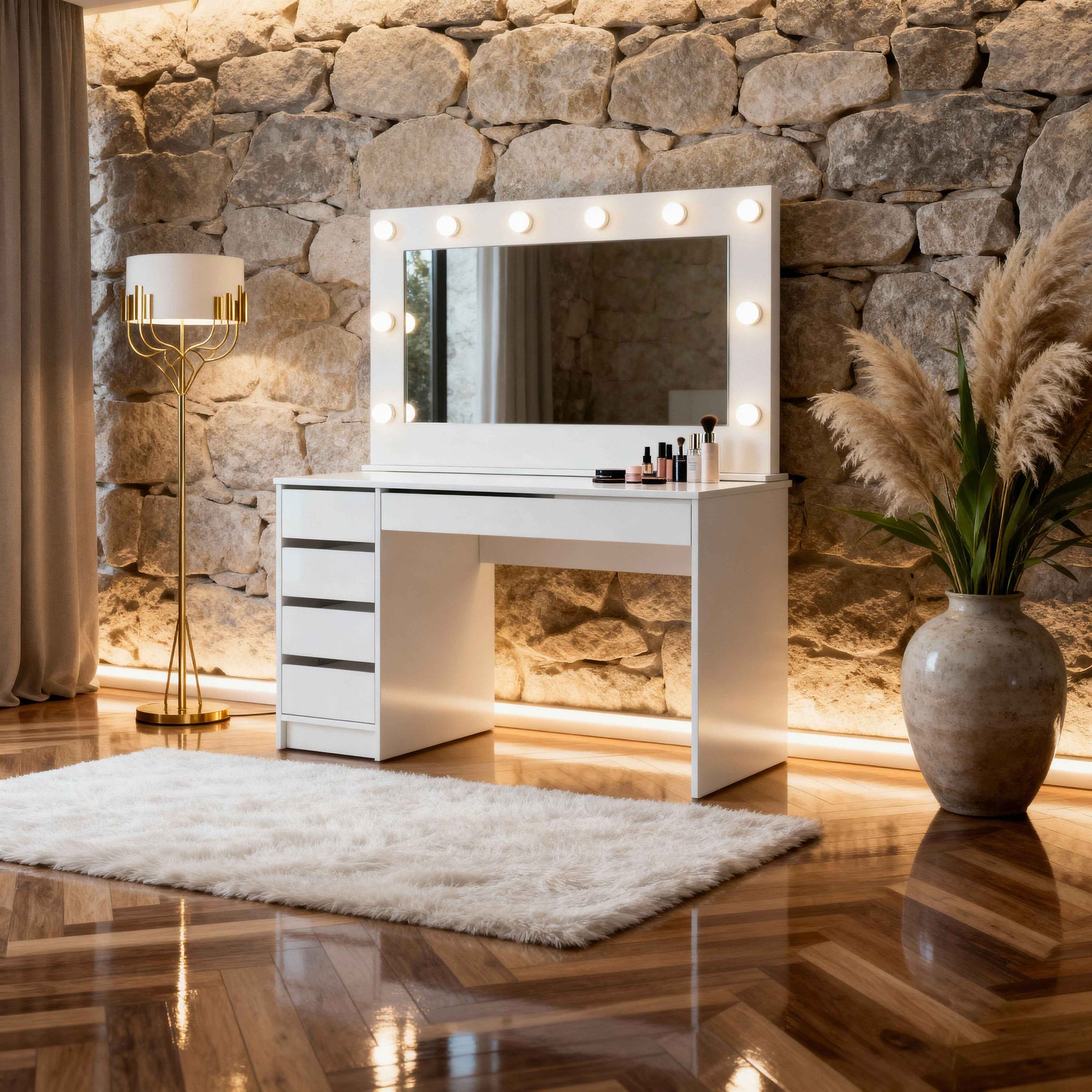 Toaletka z lustrem i oświetleniem LED 120x75 cm w stylu nowoczesnym – 5 szuflad, bezuchwytowe fronty | ADIA