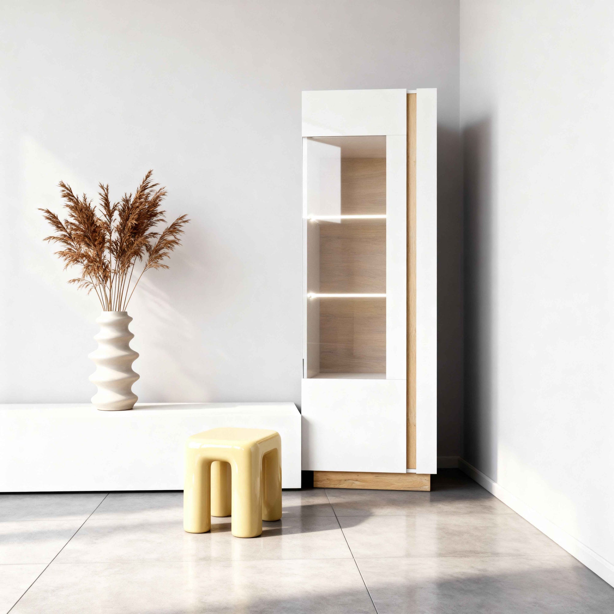 Witryna przeszklona 60x194 cm w stylu nowoczesnym – LED, cichy domyk, biały połysk | Armelia