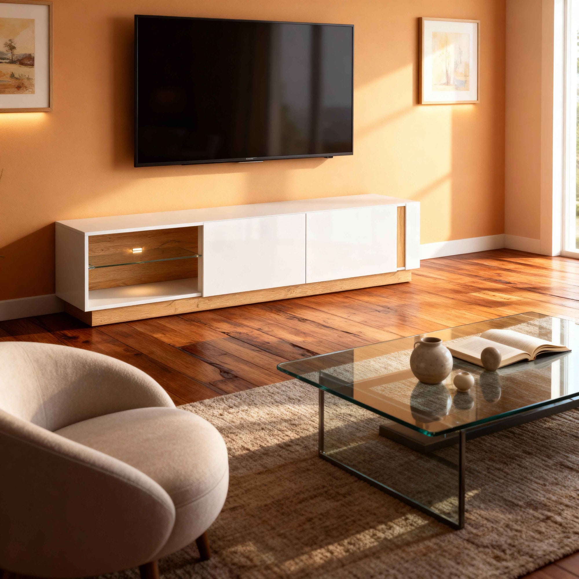 Szafka RTV 188x46 w stylu glamour - fronty wysoki połysk, system push-to-open, oświetlenie LED (opcjonalne) | Armelia