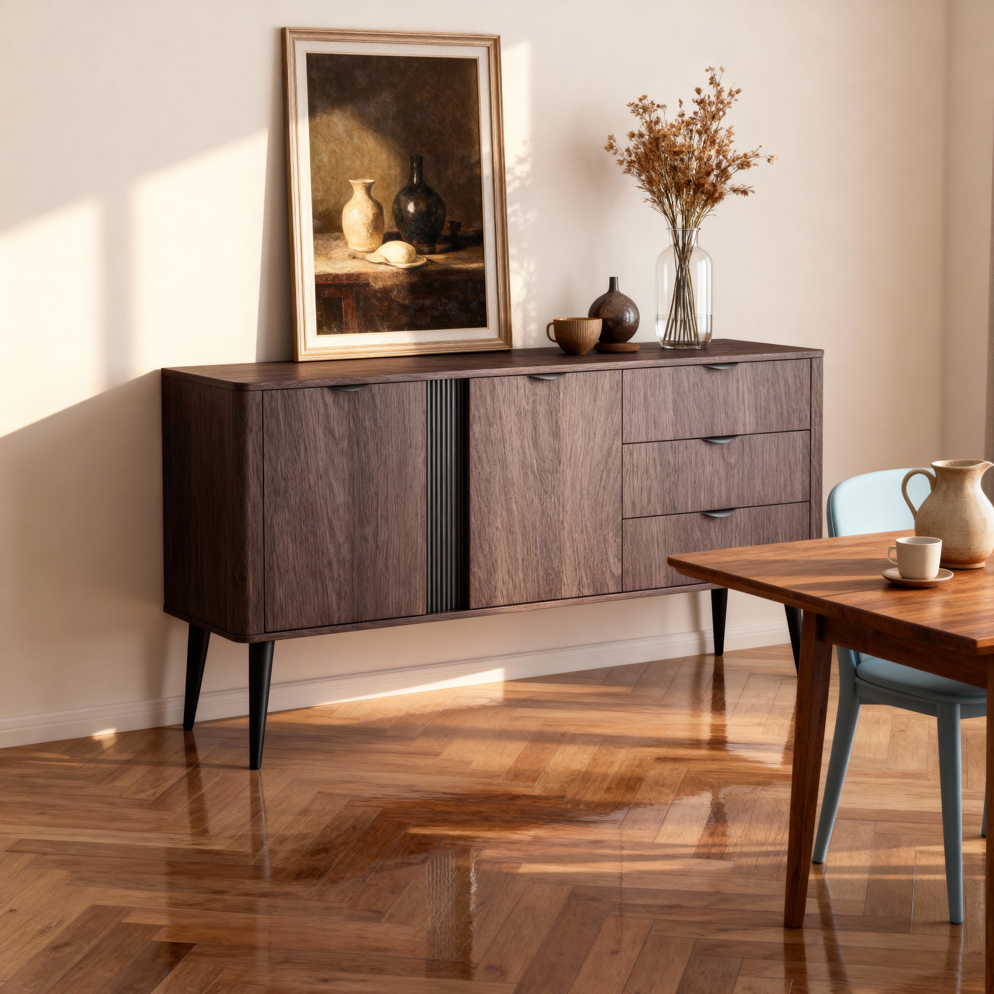 Komoda szeroka 195x81 z szafkami i szufladami w stylu soft loft - dąb dunin, ryflowany detal, czarne uchwyty | Velia